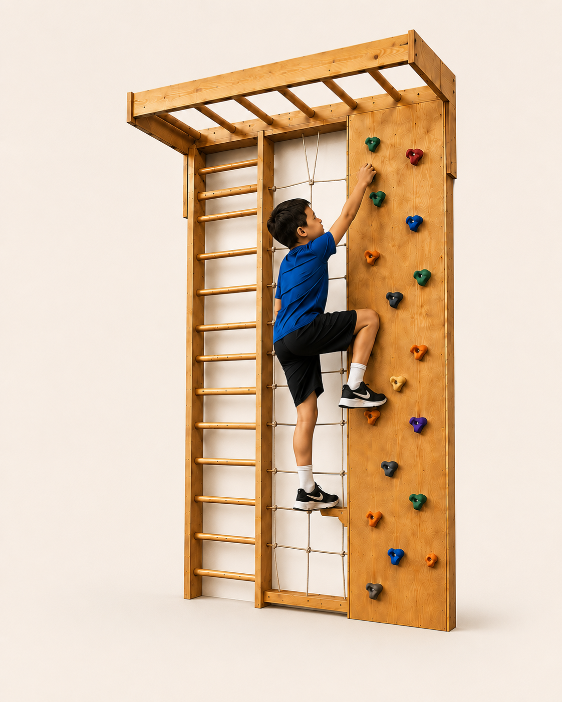 Calineo Jungle Gym in action — child climbing the rock wall and monkey bars