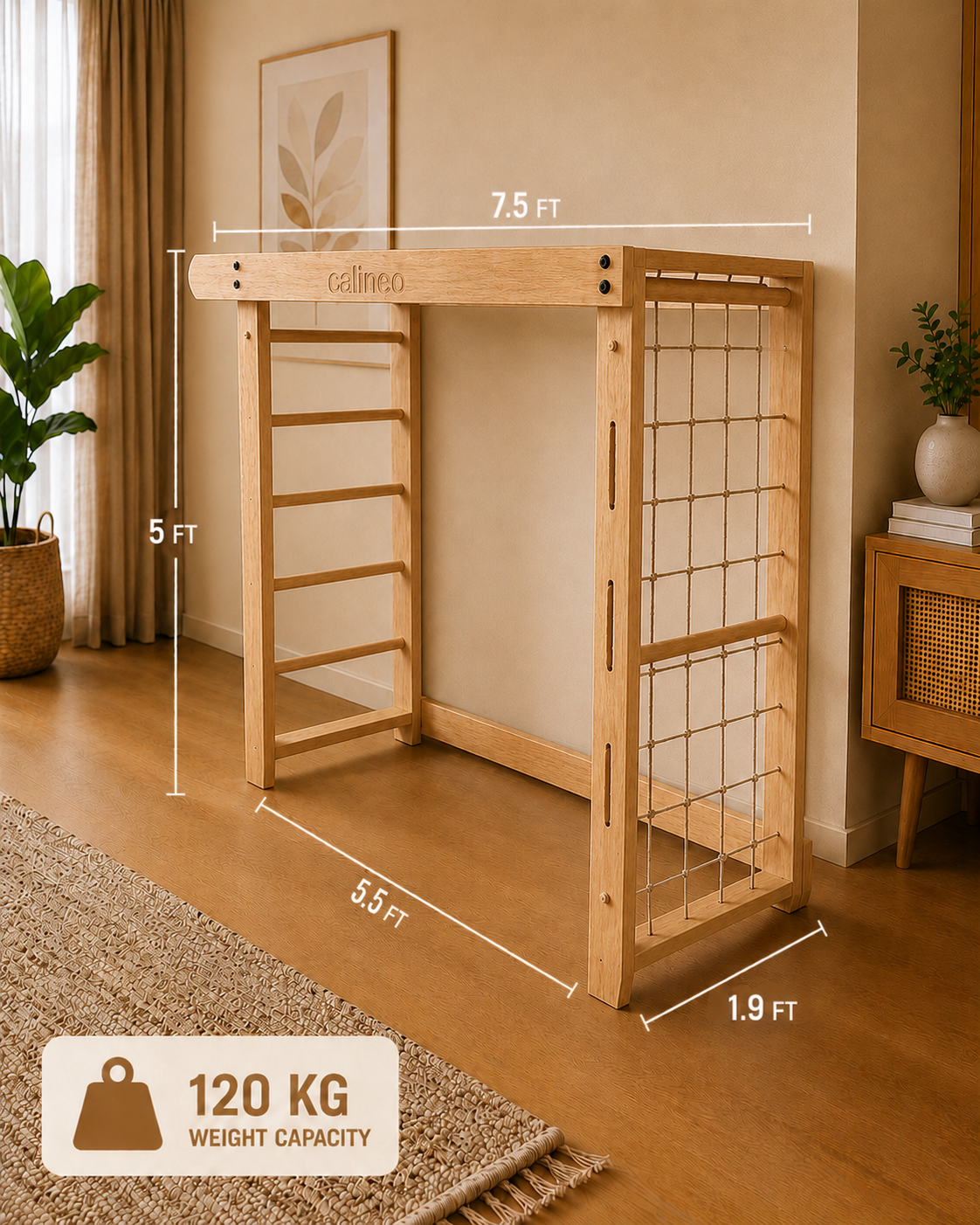 Calineo Playtower Dimensions - 5ft height, 7.5ft top bar, 1.9ft width