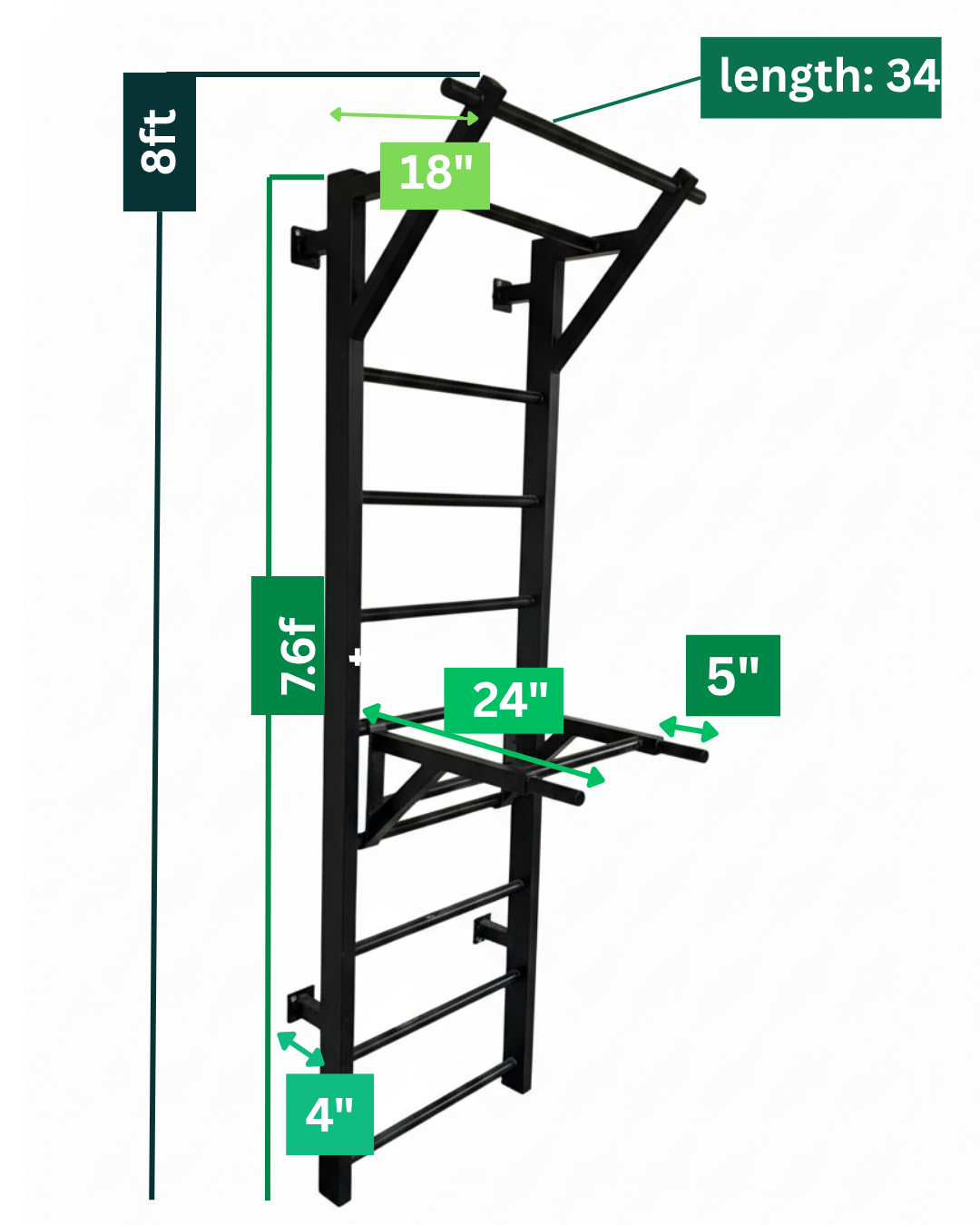 Terra Swedish Ladder detailed dimensions - 7.6ft ladder height, 8ft total with pull-up bar, 2.4ft width, 24 inch dip attachment, 34 inch pull-up bar