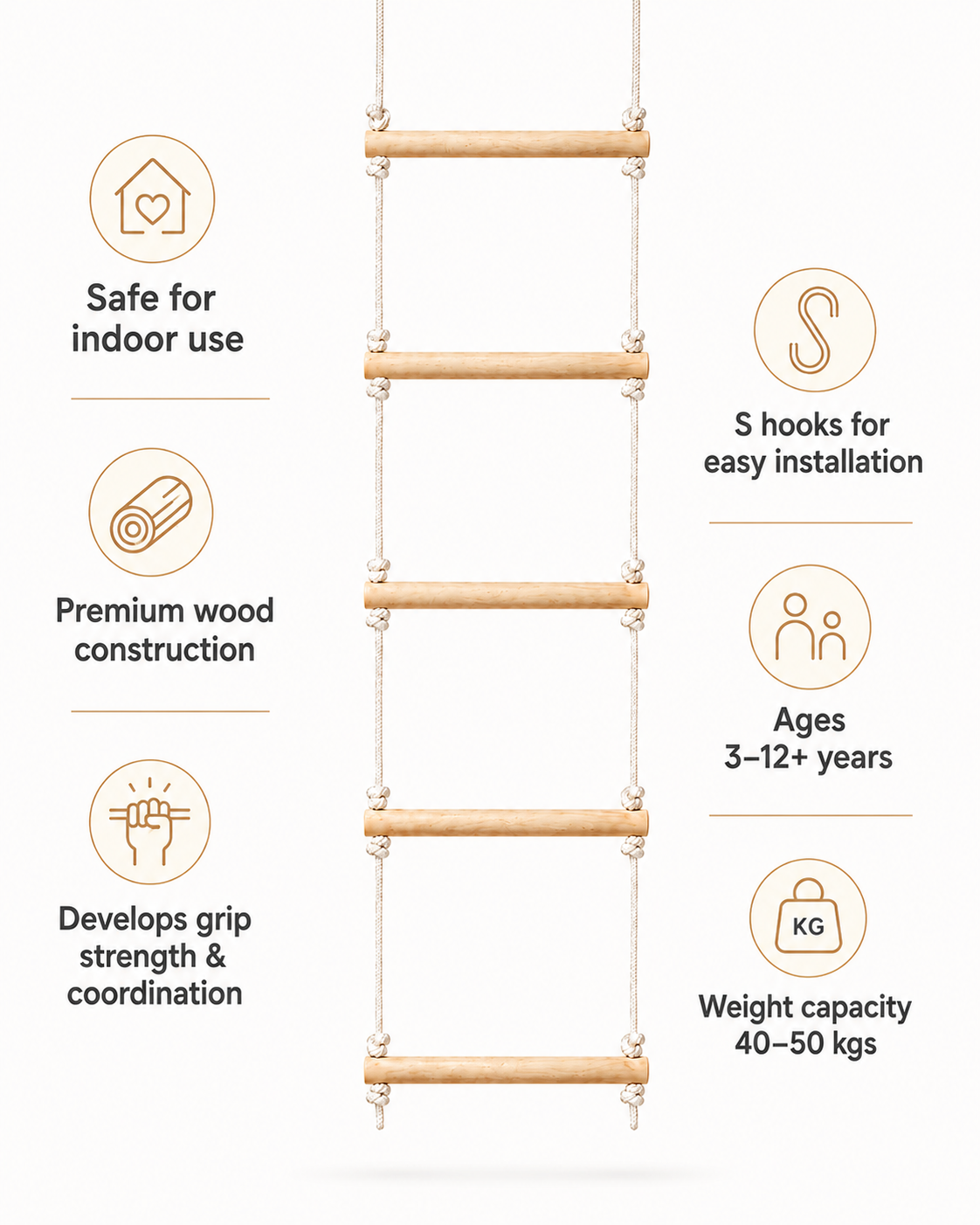 Climb Ladder features — premium wood, ages 3-12+