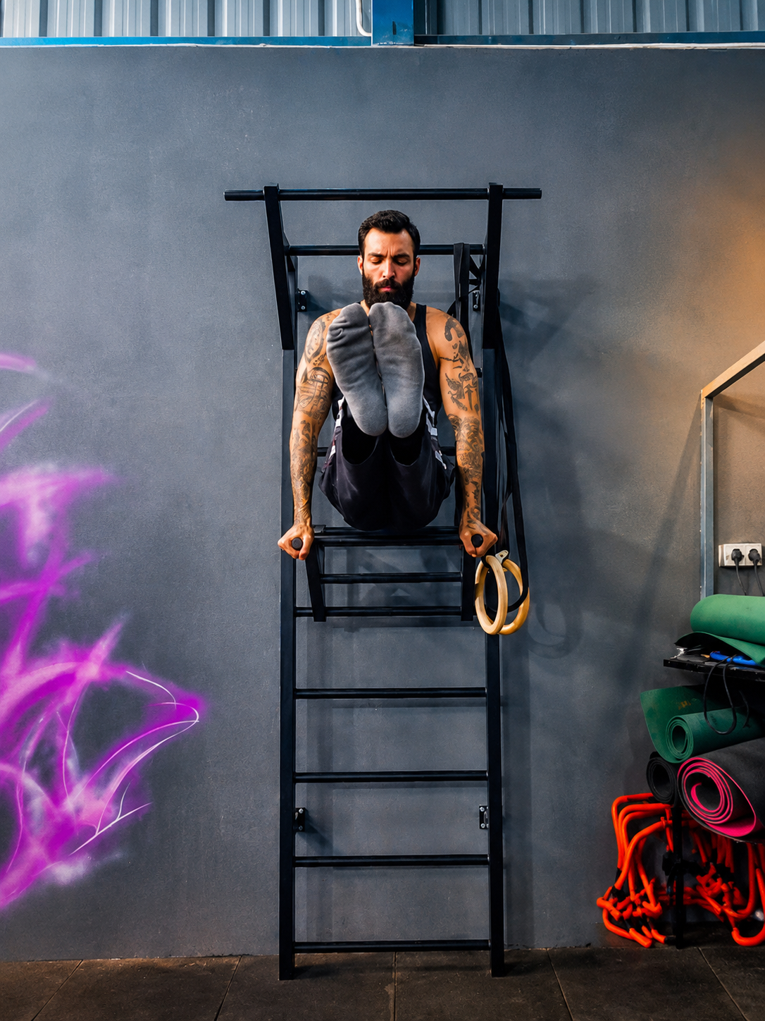 Athlete holding L-sit on Calineo Terra Swedish Ladder with gymnastic rings - metal wall bars for advanced calisthenics