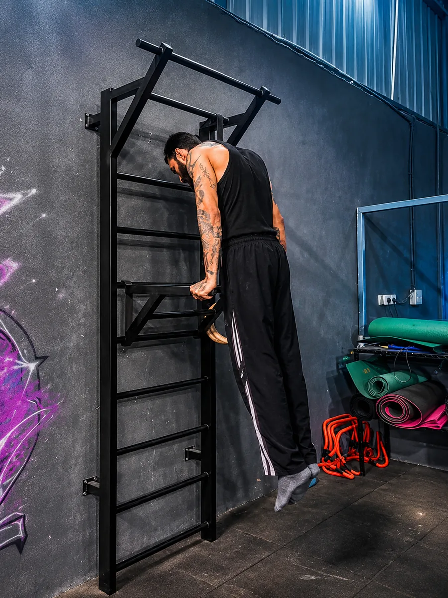 Man performing pull-ups on Calineo Terra Swedish Ladder - metal wall bars for home gym calisthenics