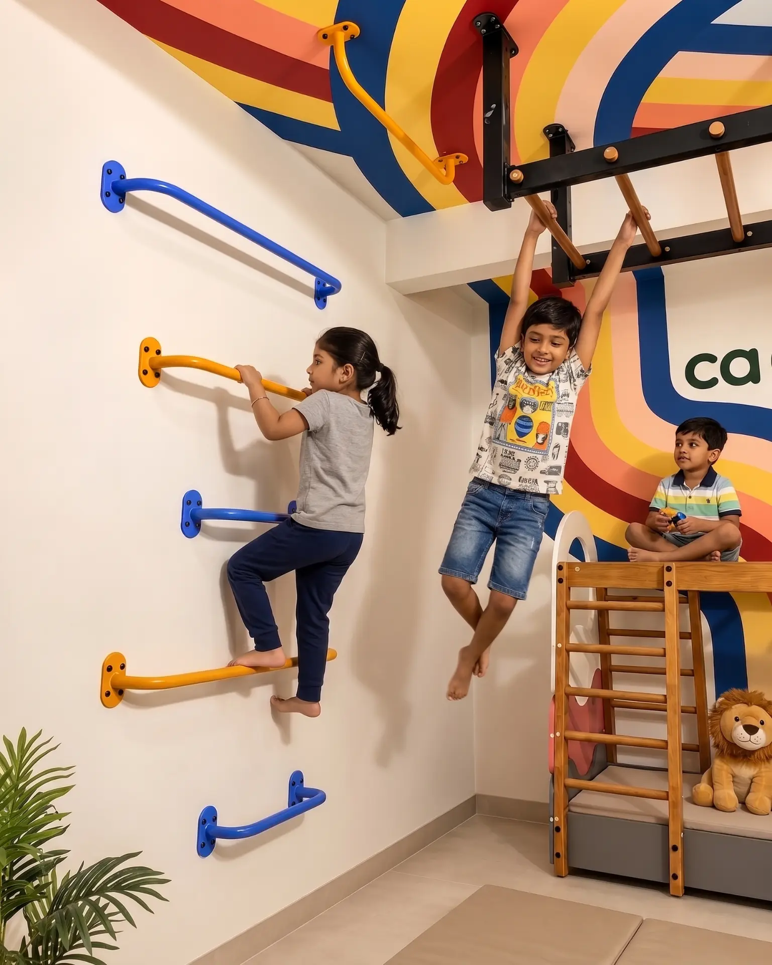 Calineo Climbing Rods for Kids - Set of 4 colourful wall-mounted climbing rods in long and short versions