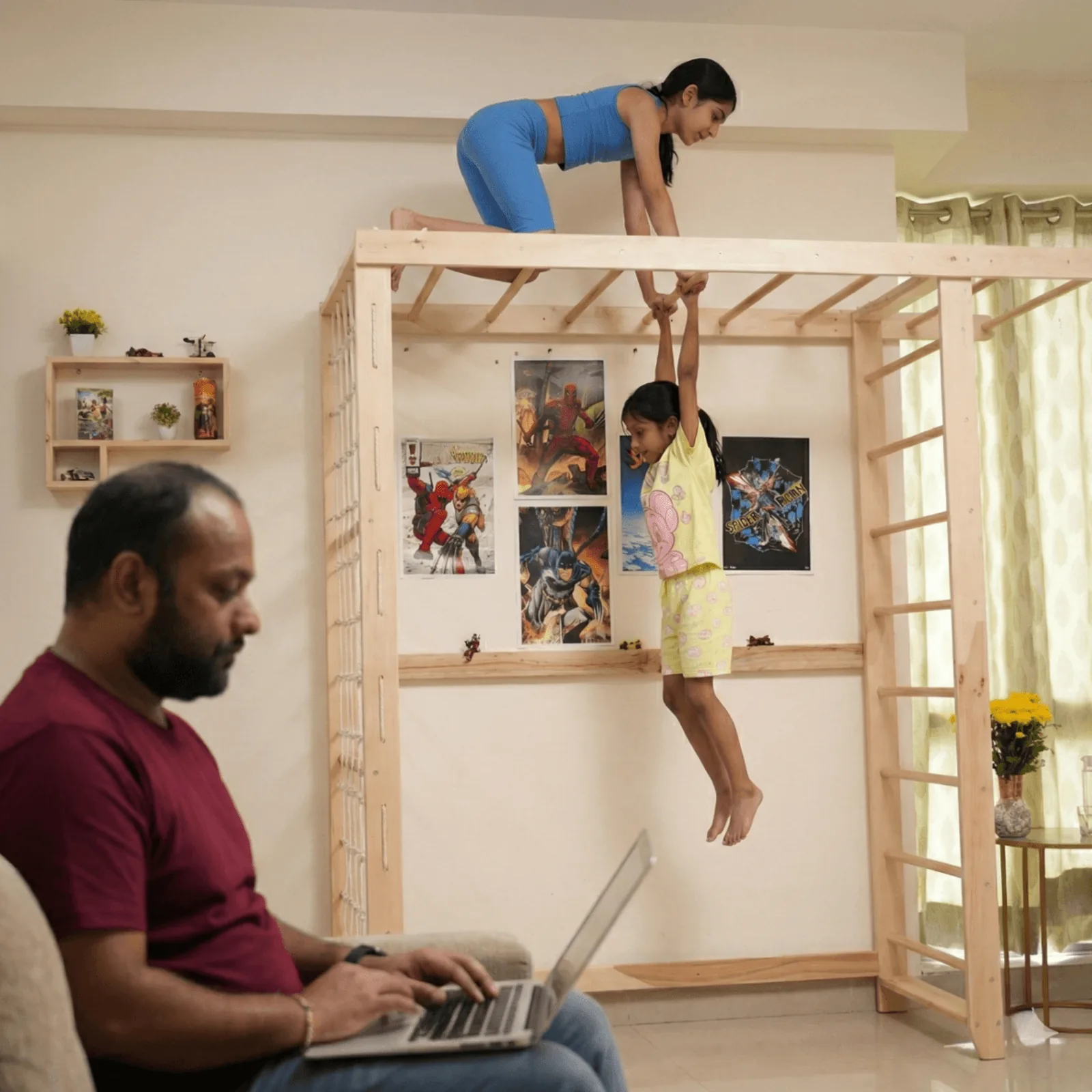 Kids exercising on Titan Tower while dad works from home